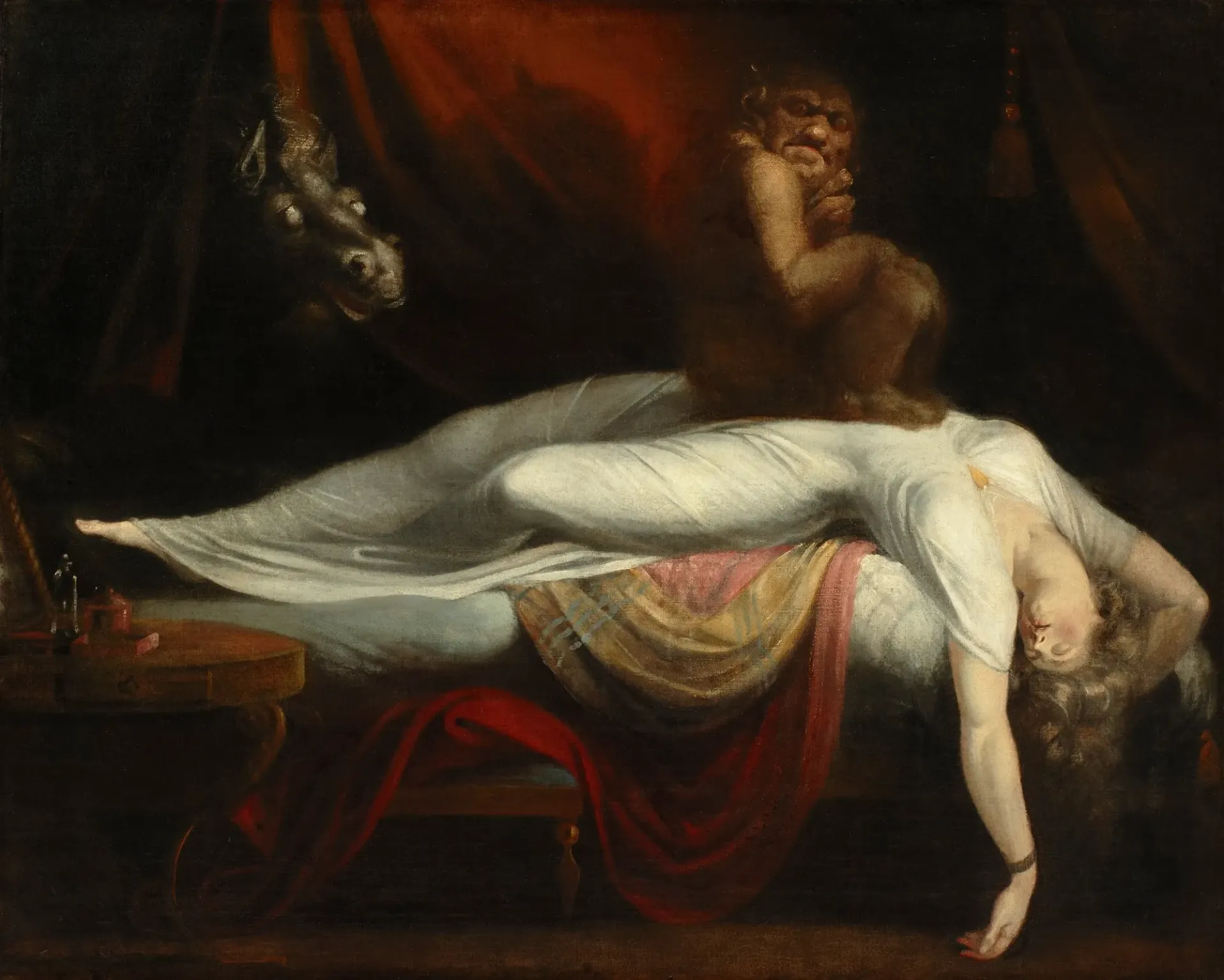 Fantasy scene with sleeping woman and creature