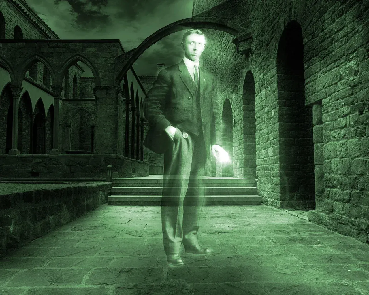 Spectral man in historical archway setting