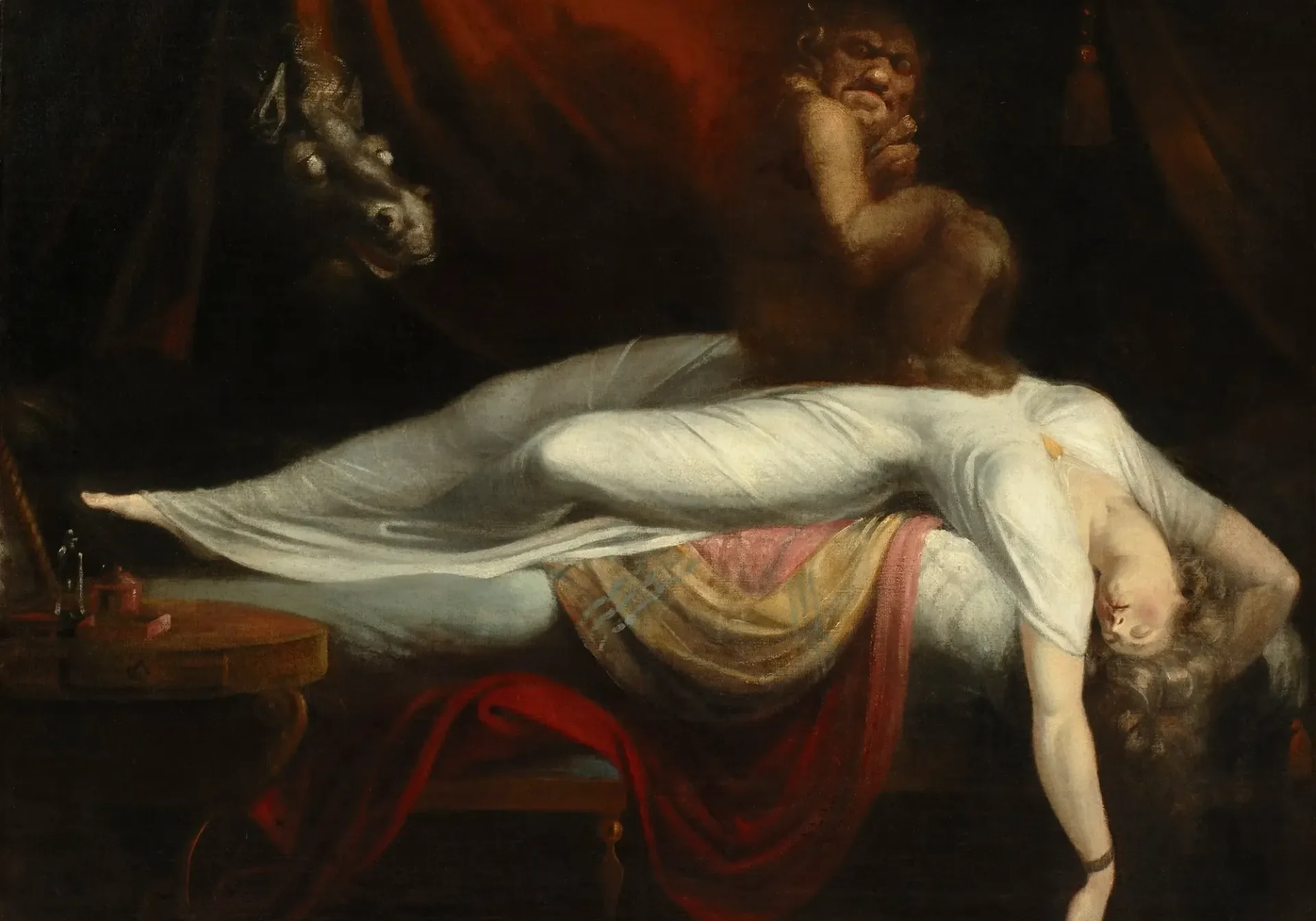 Fantasy scene with sleeping woman and creature