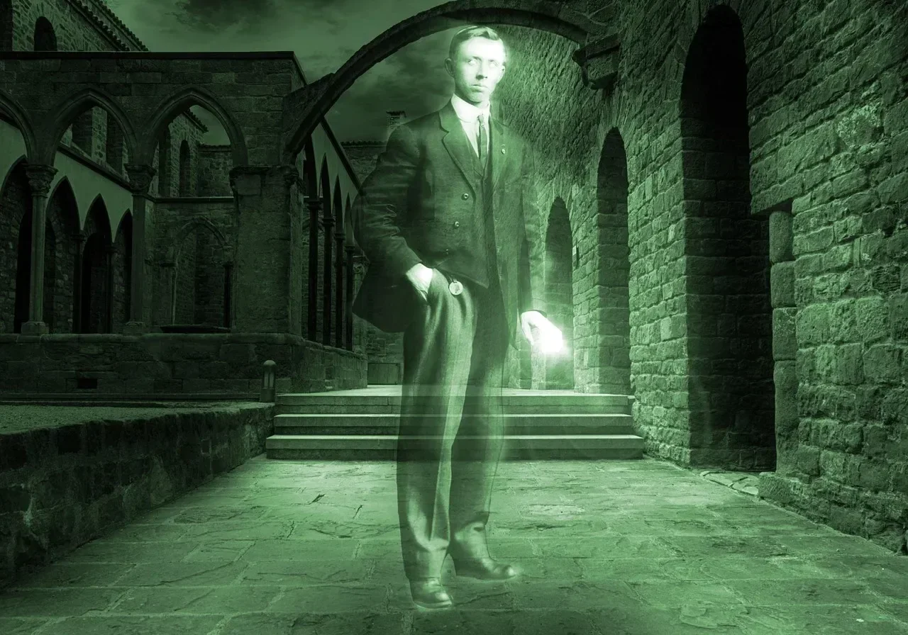 Spectral man in historical archway setting