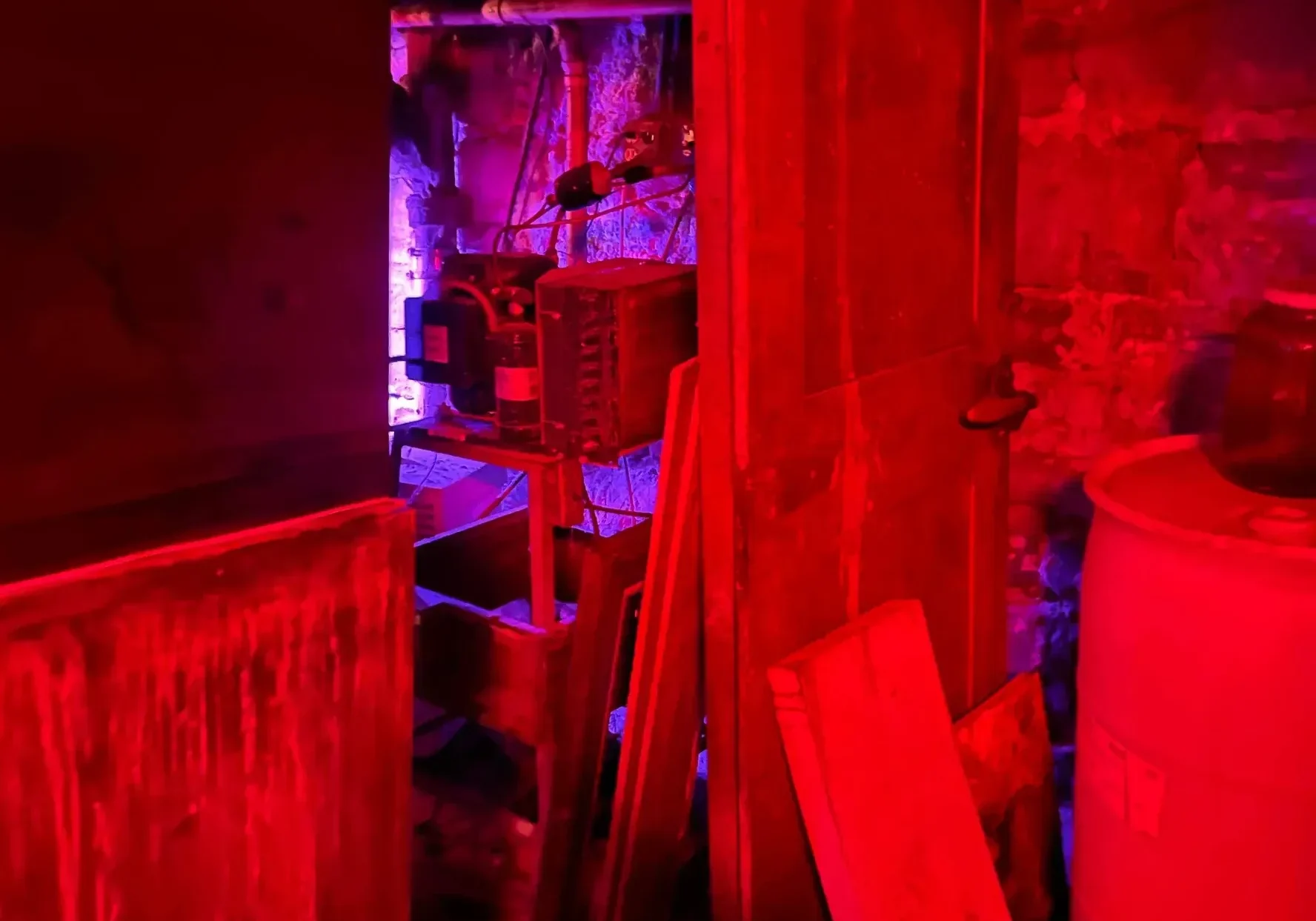 Creepy red-lit basement interior